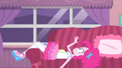 Size: 3410x1920 | Tagged: safe, screencap, pinkie pie, equestria girls, g4, my little pony equestria girls: better together, pinkie sitting, clothes, couch, cutie mark, cutie mark on clothes, female, geode of sugar bombs, jewelry, magical geodes, necklace, solo, tank top