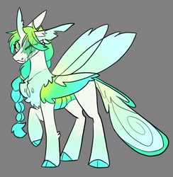 Size: 1406x1442 | Tagged: safe, artist:rockin_candies, oc, oc only, changedling, changeling, braid, changedling oc, changeling oc, cloven hooves, fangs, female, gray background, horn, missing eye, scar, simple background, smiling, solo, spread wings, torn ear, wings