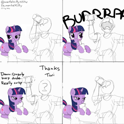 Size: 2048x2048 | Tagged: safe, artist:mentalkitty, twilight sparkle, oc, oc:anon, human, pony, unicorn, g4, beer can, blushing, burp, couch, dialogue, drinking, drinking straw, duo, female, high res, human and pony, lidded eyes, looking at someone, male, onomatopoeia, relaxing, resting, shitposting, show accurate, sitting on lap, sitting on person, soda, speech bubble, straw, straw in mouth, text, unicorn twilight, watching tv