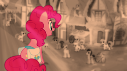 Size: 1280x720 | Tagged: safe, screencap, pinkie pie, earth pony, pony, g4, pinkie pride, sepia