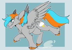 Size: 1419x1000 | Tagged: safe, artist:rockin_candies, oc, oc only, oc:shade flash, pegasus, pony, male, running, simple background, smiling, smirk, spread wings, unshorn fetlocks, wings