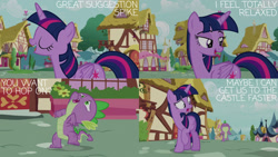 Size: 1280x720 | Tagged: safe, edit, edited screencap, editor:quoterific, screencap, spike, twilight sparkle, alicorn, dragon, pony, castle sweet castle, g4, season 5, eyes closed, female, male, mare, open mouth, smiling, twilight sparkle (alicorn)