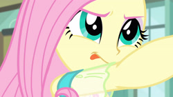 Size: 3410x1920 | Tagged: safe, screencap, fluttershy, a little birdie told me, equestria girls, g4, my little pony equestria girls: better together, close-up, female, geode of fauna, jewelry, magical geodes, necklace, solo, tongue out