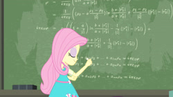 Size: 3410x1920 | Tagged: safe, screencap, fluttershy, a little birdie told me, equestria girls, g4, my little pony equestria girls: better together, chalk, chalkboard, clothes, cutie mark, cutie mark on clothes, eyes closed, female, geode of fauna, jewelry, magical geodes, necklace, smiling, solo