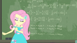 Size: 3410x1920 | Tagged: safe, screencap, fluttershy, a little birdie told me, equestria girls, g4, my little pony equestria girls: better together, chalk, chalkboard, clothes, cutie mark, cutie mark on clothes, eyes closed, female, geode of fauna, hairpin, jewelry, magical geodes, necklace, smiling, smug, smugshy, solo