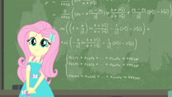 Size: 3410x1920 | Tagged: safe, screencap, fluttershy, a little birdie told me, equestria girls, g4, my little pony equestria girls: better together, chalk, chalkboard, clothes, cutie mark, cutie mark on clothes, female, geode of fauna, hairpin, jewelry, magical geodes, necklace, smiling, solo