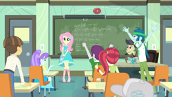 Size: 3410x1920 | Tagged: safe, screencap, aqua blossom, bulk biceps, captain planet, cranky doodle donkey, fluttershy, wiz kid, a little birdie told me, equestria girls, g4, my little pony equestria girls: better together, book, chalk, chalkboard, clothes, cutie mark, cutie mark on clothes, female, geode of fauna, hairpin, jewelry, magical geodes, male, necklace, smiling