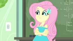 Size: 3410x1920 | Tagged: safe, screencap, fluttershy, bird, a little birdie told me, equestria girls, g4, my little pony equestria girls: better together, chalkboard, clothes, crossed arms, cute, cutie mark, cutie mark on clothes, female, geode of fauna, hairpin, jewelry, magical geodes, necklace, shyabetes, smiling, solo