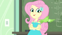 Size: 3410x1920 | Tagged: safe, screencap, fluttershy, bird, a little birdie told me, equestria girls, g4, my little pony equestria girls: better together, chalkboard, clothes, crossed arms, cute, cutie mark, cutie mark on clothes, female, geode of fauna, hairpin, jewelry, magical geodes, necklace, open mouth, shyabetes, smiling, solo