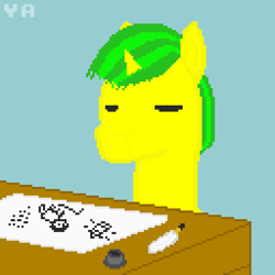 Size: 512x512 | Tagged: safe, artist:valuable ashes, oc, oc only, oc:technical writings, pony, unicorn, drawing, eyes closed, male, morse code, pixel art, quill, simple background, solo, stallion, story included, table