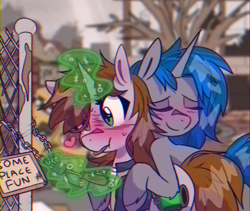 Size: 950x800 | Tagged: safe, artist:provolonepone, oc, oc only, oc:homage, oc:littlepip, pony, unicorn, fallout equestria, blushing, chromatic aberration, clothes, cute, female, glowing, glowing horn, heart eyes, horn, jumpsuit, lesbian, magic, mare, oc x oc, ocbetes, pipabetes, pipbuck, ship:pipmage, shipping, telekinesis, tree, vault suit, wingding eyes