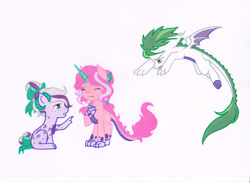 Size: 1750x1275 | Tagged: safe, artist:ocean-drop, oc, oc only, oc:crème de la crème, oc:gem stone, oc:radiance, dracony, hybrid, base used, female, interspecies offspring, offspring, parent:rarity, parent:spike, parents:sparity, siblings, simple background, sisters, trio, white background