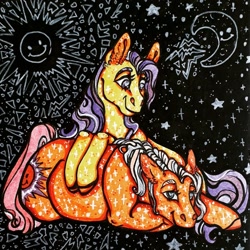 Size: 1080x1080 | Tagged: safe, artist:skior, napper, sunspot, earth pony, pony, g1, lying down, prone, traditional art