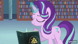 Size: 640x360 | Tagged: safe, artist:agrol, editor:fluttershyisnot adoormat, starlight glimmer, pony, unicorn, the princess of evil, g4, animated, book, eyes closed, female, gif, glowing horn, horn, library, looped, magic, magic aura, mare, reading, smiling, solo, telekinesis