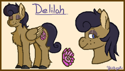 Size: 420x239 | Tagged: safe, artist:yurza, oc, oc only, oc:delilah, pegasus, pony, chest fluff, cloven hooves, cutie mark, eyes closed, eyeshadow, female, freckles, lidded eyes, makeup, mare, reference sheet, smiling, solo, unshorn fetlocks