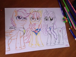 Size: 960x720 | Tagged: safe, artist:milledpurple, apple bloom, scootaloo, sweetie belle, earth pony, pegasus, pony, unicorn, g4, :p, cutie mark, cutie mark crusaders, eyelashes, female, filly, horn, lineart, smiling, the cmc's cutie marks, tongue out, traditional art, wings