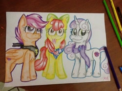 Size: 960x720 | Tagged: safe, artist:milledpurple, apple bloom, scootaloo, sweetie belle, earth pony, pegasus, pony, unicorn, g4, :p, cutie mark, cutie mark crusaders, eyelashes, female, filly, horn, signature, smiling, the cmc's cutie marks, tongue out, traditional art, wings