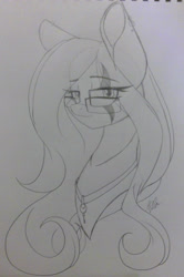 Size: 1637x2472 | Tagged: safe, artist:donnie-moon, oc, oc only, oc:ren, pegasus, pony, bust, eye scar, eyelashes, female, glasses, grayscale, lineart, mare, monochrome, pegasus oc, scar, solo, traditional art
