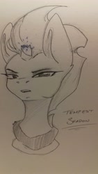 Size: 1836x3264 | Tagged: safe, artist:artfestation, tempest shadow, pony, unicorn, g4, broken horn, bust, female, horn, lineart, mare, solo, sparking horn, traditional art