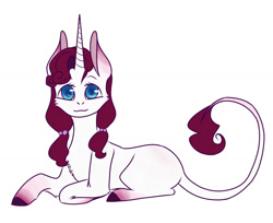 Size: 1598x1302 | Tagged: safe, artist:artfestation, oc, oc only, pony, unicorn, female, horn, leonine tail, lying down, magical lesbian spawn, mare, offspring, parent:pinkie pie, parent:rarity, parents:raripie, prone, simple background, smiling, solo, unicorn oc, white background