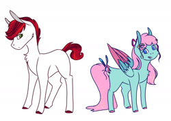 Size: 1761x1248 | Tagged: safe, artist:artfestation, oc, earth pony, pegasus, pony, colored hooves, duo, earth pony oc, female, magical lesbian spawn, mare, offspring, parent:fluttershy, parent:pinkie pie, parent:rarity, parents:flutterpie, parents:raripie, pegasus oc, simple background, two toned wings, white background, wings