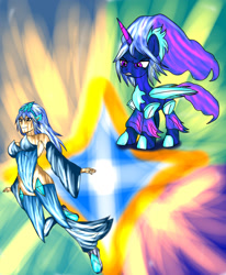 Size: 1400x1700 | Tagged: safe, artist:foxgearstudios, oc, oc only, alicorn, pony, abstract background, alicorn oc, clothes, duo, female, horn, mare, parent:princess luna, smiling, smirk, wings