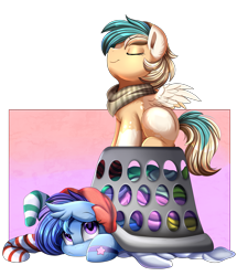 Size: 3069x3565 | Tagged: safe, artist:pridark, oc, oc only, oc:astral flare, oc:sun light, pegasus, pony, duo, high res, laundry, laundry basket