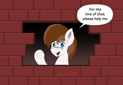 Size: 4200x2900 | Tagged: safe, alternate version, artist:aarondrawsarts, oc, oc only, oc:brain teaser, pony, brick wall, commission, edgar allan poe, funny, glasses, immurement, meme, parody, solo, speech bubble, the cask of amontillado