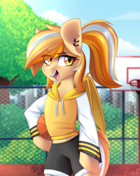 Size: 1600x2000 | Tagged: safe, artist:rinteen, oc, oc only, bat pony, semi-anthro, arm hooves, basketball, bat pony oc, clothes, commission, detailed background, ear piercing, earring, eye clipping through hair, hoodie, jewelry, piercing, ponytail, shorts, solo, sports, ych result