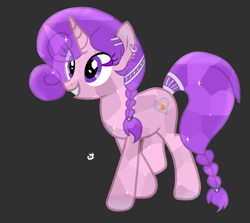 Size: 3556x3175 | Tagged: safe, artist:yanling, oc, oc only, oc:candlelight warmth, crystal pony, pony, unicorn, braid, ear piercing, earring, female, gray background, high res, jewelry, mare, piercing, simple background, smiling, solo, tail, tail wrap