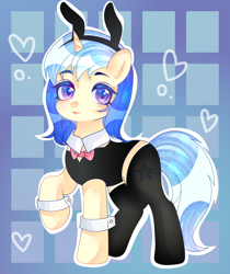 Size: 2600x3100 | Tagged: safe, artist:软羊羊, oc, oc only, oc:twinblade, pony, unicorn, :3, bunny ears, bunny suit, clothes, eye clipping through hair, eyebrows, eyebrows visible through hair, female, high res, horn, looking at you, mare, raised hoof, smiling, smiling at you, solo, tongue out, unicorn oc