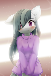 Size: 1600x2400 | Tagged: safe, artist:symbianl, marble pie, earth pony, anthro, g4, anxious, blushing, cute, hair over one eye, looking at you, marblebetes, one ear down, solo