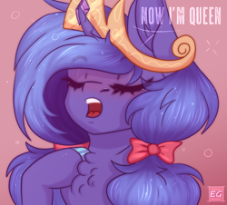 Size: 1910x1728 | Tagged: safe, artist:elektra-gertly, princess luna, pony, g4, alternate hairstyle, bow, crown, ear fluff, ear piercing, eyes closed, hair bow, jewelry, open mouth, piercing, regalia, solo