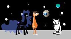 Size: 5132x2859 | Tagged: safe, artist:tomnice, nightmare moon, alicorn, bear, human, pony, robot, g4, asdfmovie, crossover, desmond the moon bear, despicable me, earth, female, male, mare, moon, planet, portal (valve), portal 2, space, stars, victor perkins, wheatley