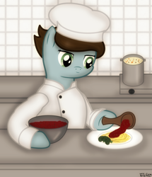 Size: 1080x1258 | Tagged: safe, artist:99999999000, oc, oc only, oc:chen lifan, pony, chef, clothes, cook, cooking, female, food, hoof hold, male, pasta, soup, spaghetti