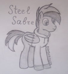 Size: 2313x2537 | Tagged: safe, artist:dimdariusz, oc, oc only, oc:steel sabre, pegasus, pony, clothes, cute, folded wings, grayscale, high res, hoodie, male, monochrome, pencil drawing, photo, signature, simple background, sketch, smiling, solo, stallion, traditional art, wings