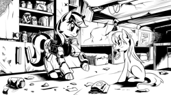 Size: 4256x2364 | Tagged: safe, artist:lexx2dot0, oc, oc only, oc:blackjack, oc:boo, earth pony, pony, unicorn, fallout equestria, fallout equestria: project horizons, series:ph together we reread, amputee, black and white, clothes, duo, fanfic art, female, grayscale, high res, horn, jumpsuit, monochrome, pipbuck, small horn, vault security armor, vault suit