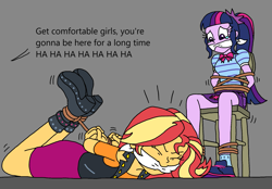 Size: 1883x1309 | Tagged: safe, artist:bugssonicx, sci-twi, sunset shimmer, twilight sparkle, equestria girls, arm behind back, bondage, bound and gagged, cloth gag, eyes closed, gag, help us, hogtied, kidnapped, teary eyes, tied to chair, tied up
