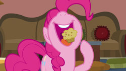 Size: 1280x720 | Tagged: safe, screencap, pinkie pie, earth pony, pony, daring done?, g4, season 7, cute, diapinkes, esophagus, female, food, mare, mawshot, muffin, nose in the air, open mouth, solo, uvula, volumetric mouth