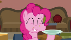 Size: 1280x720 | Tagged: safe, screencap, pinkie pie, earth pony, pony, daring done?, g4, season 7, ^^, aweeg*, cute, diapinkes, eyes closed, female, mare, plate, smiling, solo