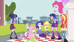 Size: 1334x750 | Tagged: safe, screencap, applejack, fluttershy, pinkie pie, rainbow dash, rarity, sci-twi, spike, spike the regular dog, sunset shimmer, twilight sparkle, dog, equestria girls, g4, my little pony equestria girls: friendship games, humane five, humane seven, humane six, self paradox, twolight