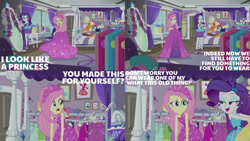 Size: 1280x720 | Tagged: safe, edit, edited screencap, editor:quoterific, screencap, fluttershy, rarity, costume conundrum, costume conundrum: rarity, equestria girls, g4, my little pony equestria girls: better together, bracelet, clothes, cutie mark, cutie mark on clothes, female, geode of shielding, hairpin, high heels, jewelry, magical geodes, open mouth, rarity peplum dress, rarity's bedroom (equestria girls), shoes