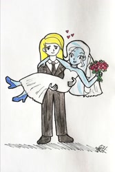 Size: 1616x2421 | Tagged: safe, artist:fude-chan-art, prince blueblood, trixie, equestria girls, g4, bouquet, clothes, dress, equestria girls-ified, female, flower, jewelry, male, marriage, necklace, pearl necklace, ship:bluetrix, shipping, straight, wedding, wedding dress