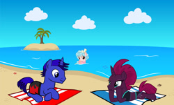 Size: 1280x776 | Tagged: safe, artist:swiftgaiathebrony, cozy glow, tempest shadow, oc, g4, beach, beach towel, cloud, island, ocean, palm tree, tree