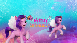 Size: 2048x1152 | Tagged: safe, pipp petals, pegasus, pony, g5, my little pony: a new generation, official, abstract background, coat markings, colored hooves, cutie mark, female, looking at you, mare, my little pony: a new generation logo, netflix, one eye closed, pony history, self ponidox, socks (coat markings), spread wings, text, unshorn fetlocks, wings, wink, winking at you, youtube banner