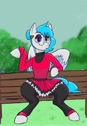 Size: 2500x3600 | Tagged: safe, artist:omegatroll5, artist:sausagepie, oc, oc only, oc:sausagepie, pegasus, pony, bench, clothes, dress, ear piercing, earring, female, glasses, high res, jewelry, leggings, piercing, solo