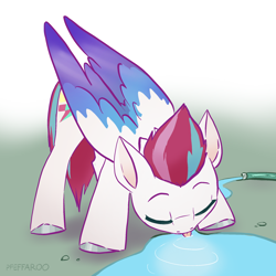 Size: 2048x2048 | Tagged: safe, artist:pfeffaroo, zipp storm, pegasus, pony, g5, :p, adorazipp, cute, drinking, eyes closed, female, garden hose, high res, horses doing horse things, hose, mare, mlem, puddle, silly, silly pony, solo, tongue out, water
