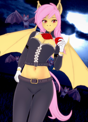 Size: 644x900 | Tagged: safe, artist:wild, fluttershy, bat, bat pony, anthro, g4, 3d, apple, bat ponified, belly button, breasts, cleavage, clothes, fangs, female, flutterbat, food, gloves, hand on hip, koikatsu, looking at you, midriff, pants, race swap, solo