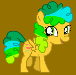 Size: 437x434 | Tagged: safe, artist:kammythepanic, masquerade (g1), pegasus, pony, twinkle eyed pony, g1, g4, female, filly, g1 to g4, generation leap, gold background, open mouth, simple background, solo