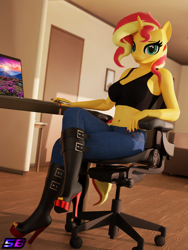 Size: 2880x3840 | Tagged: safe, artist:shadowboltsfm, sunset shimmer, unicorn, anthro, plantigrade anthro, g4, 3d, adorasexy, belly button, blender, boots, bra, breasts, chair, clothes, computer, crop top bra, crossed legs, cute, feet, high heel boots, high heels, high res, jeans, laptop computer, looking at you, midriff, nail polish, not sfm, open-toed shoes, pants, sexy, shoes, sitting, smiling, solo, toenail polish, toes, underwear